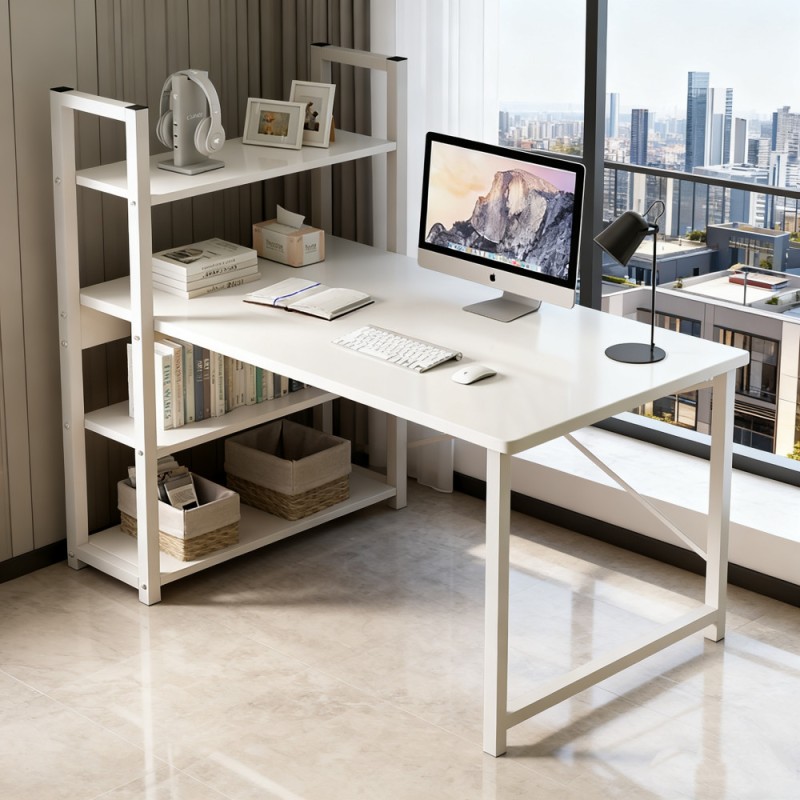 Κομψό Γραφείο με Πλαϊνή Ραφιέρα – Λευκό  Μίνιμαλ Design 120x42x75cm