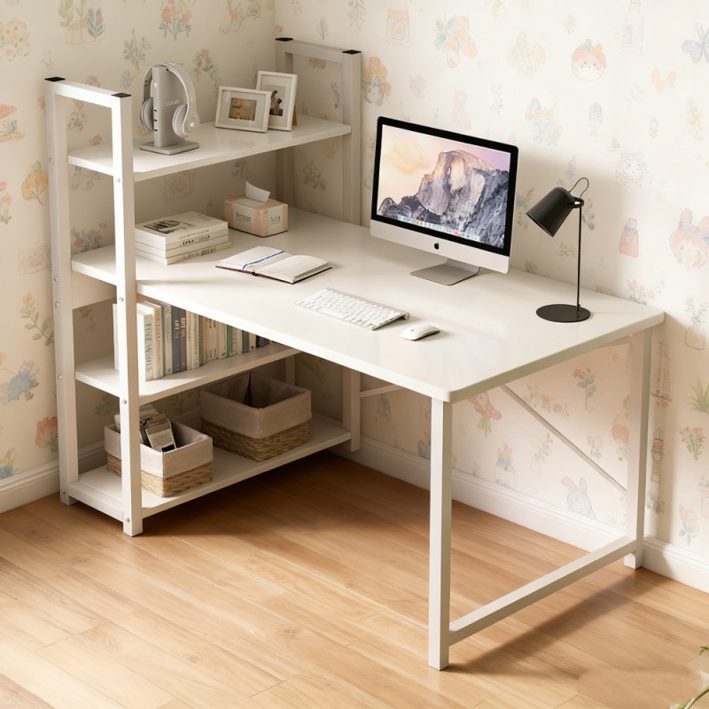 Κομψό Γραφείο με Πλαϊνή Ραφιέρα – Λευκό  Μίνιμαλ Design 120x42x75cm