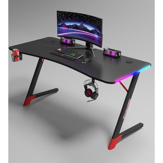 Γραφείο Gaming με φωτισμό RGB, υφή ανθρακονήματος και μεταλλικό σκελετό Μαύρο - Κόκκινο 120x60x75cm D2209-BLACK