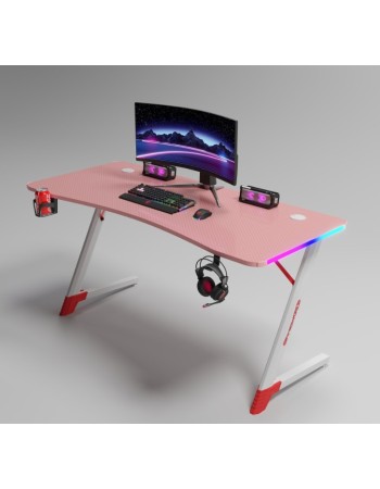 Γραφείο Gaming με φωτισμό RGB, υφή ανθρακονήματος και μεταλλικό σκελετό Ροζ - Λευκό 120x60x74cm D2209-PINK