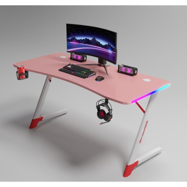 Γραφείο Gaming με φωτισμό RGB, υφή ανθρακονήματος και μεταλλικό σκελετό Ροζ - Λευκό 120x60x74cm D2209-PINK