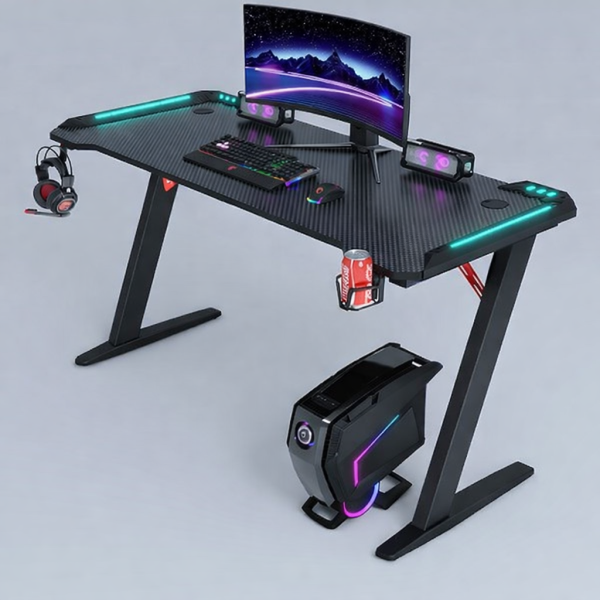 Γραφείο Gaming με φωτισμό ARMOR υφή ανθρακονήματος και μεταλλικό σκελετό Μαύρο 120x60x75cm