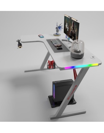 Γωνιακό Gaming γραφείο με φωτισμό RGB, υφή ανθρακονήματος και μεταλλικό σκελετό Λευκό140x(60-100)x74cm P201-White