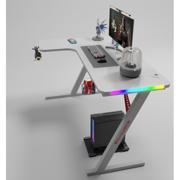 Γωνιακό Gaming γραφείο με φωτισμό RGB, υφή ανθρακονήματος και μεταλλικό σκελετό Λευκό140x(60-100)x74cm P201-White