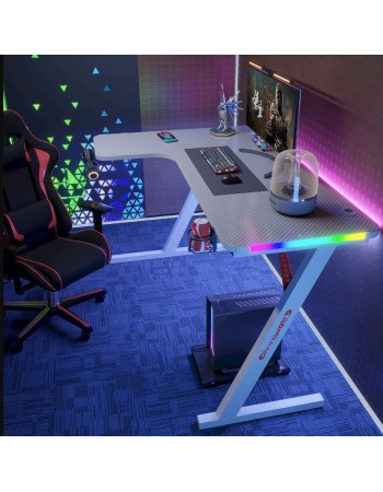 Γωνιακό Gaming γραφείο με φωτισμό RGB, υφή ανθρακονήματος και μεταλλικό σκελετό Λευκό140x(60-100)x74cm P201-White