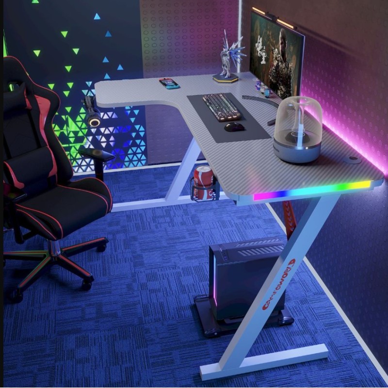 Γωνιακό Gaming γραφείο με φωτισμό RGB, υφή ανθρακονήματος και μεταλλικό σκελετό Λευκό140x(60-100)x74cm P201-White