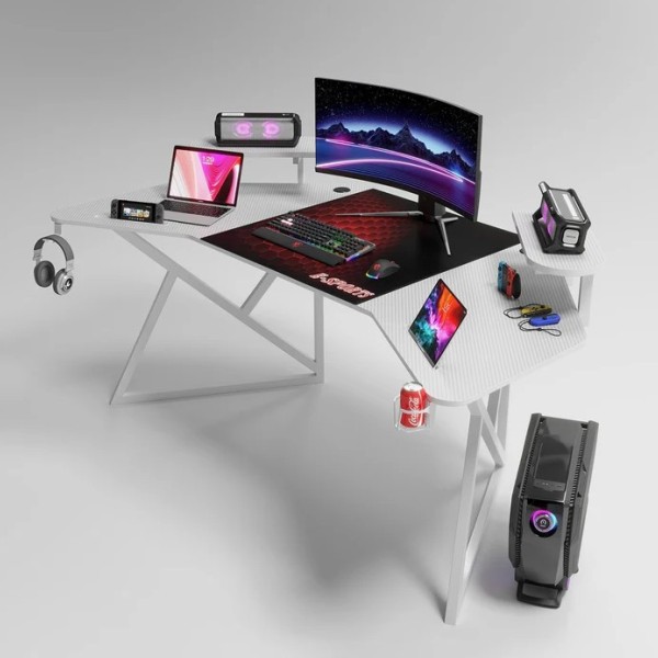 Γραφείο Gaming με υφή ανθρακονήματος, μεταλλικό σκελετό, θήκη ποτηριού και κρεμάστρα για ακουστικά Λευκό 180x70x74cm D2204-WHITE