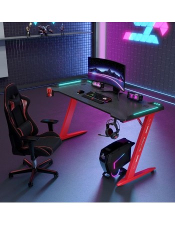 Γραφείο Gaming με φωτισμό RGB υφή ανθρακονήματος και μεταλλικό σκελετό Μαύρο - Κόκκινο 120x60x75cm
