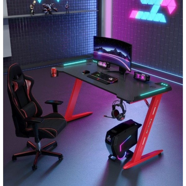 Γραφείο Gaming με φωτισμό RGB υφή ανθρακονήματος και μεταλλικό σκελετό Μαύρο - Κόκκινο 120x60x75cm