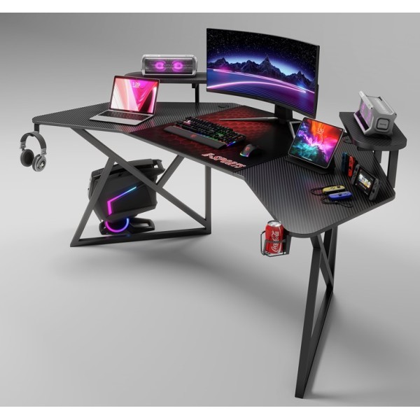 Γραφείο Gaming με υφή ανθρακονήματος, μεταλλικό σκελετό, θήκη ποτηριού και κρεμάστρα για ακουστικά Λευκό 180x70x74cm D2204-WHITE