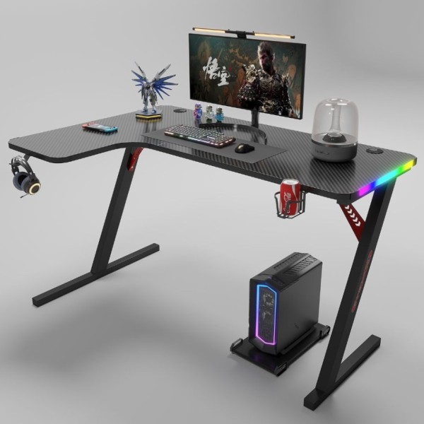 Γωνιακό Gaming γραφείο με φωτισμό RGB, υφή ανθρακονήματος και μεταλλικό σκελετό Μαύρο 140x(60-100)x74cm P201-BLACK