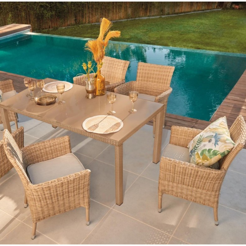Σετ τραπεζαρία κήπου Costa Rica Naterial μπεζ 6 πολυθρόνες με τραπέζι 170x100x71cm 