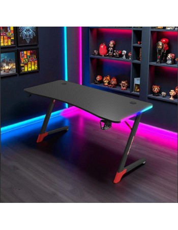 Γραφείο Gaming με φωτισμό RGB, υφή ανθρακονήματος και μεταλλικό σκελετό Μαύρο - Κόκκινο 120x60x75cm D2209-BLACK