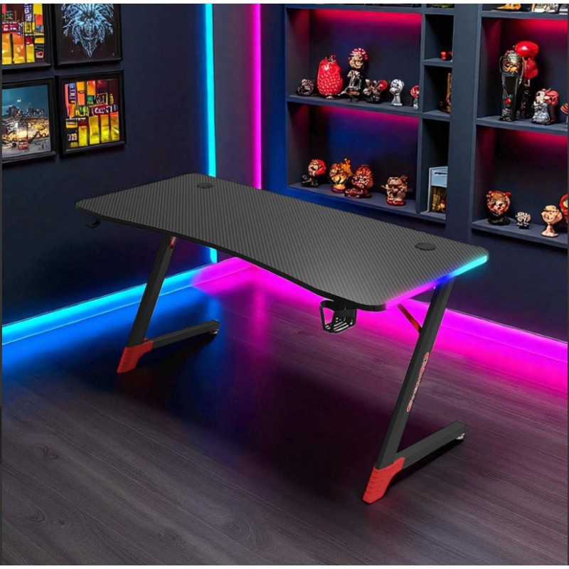 Γραφείο Gaming με φωτισμό RGB, υφή ανθρακονήματος και μεταλλικό σκελετό Μαύρο - Κόκκινο 120x60x75cm D2209-BLACK