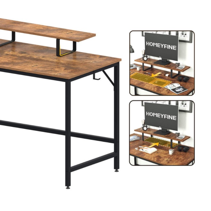 Ευρύχωρο Γραφείο Υπολογιστή με Υπερυψωμένο Ράφι Οθόνης και Μεταλλικά Πόδια 140x60x73cm