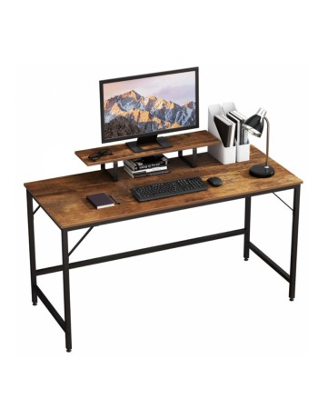 Ευρύχωρο Γραφείο Υπολογιστή με Υπερυψωμένο Ράφι Οθόνης και Μεταλλικά Πόδια 140x60x73cm