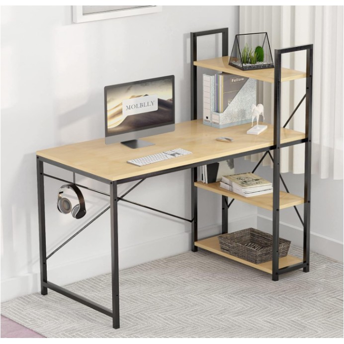 Γραφείο με Βιβλιοθήκη και Ράφια Αποθήκευσης από MDF και Σιδερένιο Σκελετό 120x60x75