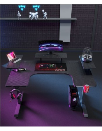 Γραφείο Gaming με φωτισμό RGB, υφή ανθρακονήματος και μεταλλικό σκελετό Μαύρο 160x(60-100)x74cm P203