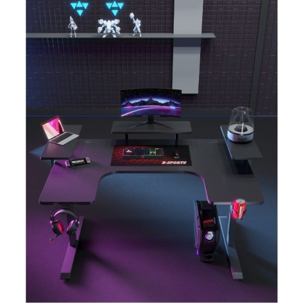 Γραφείο Gaming με φωτισμό RGB, υφή ανθρακονήματος και μεταλλικό σκελετό Μαύρο 160x(60-100)x74cm P203