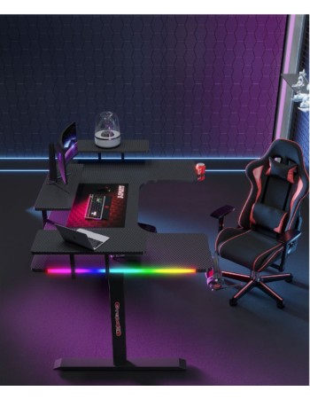 Γραφείο Gaming με φωτισμό RGB, υφή ανθρακονήματος και μεταλλικό σκελετό Μαύρο 160x(60-100)x74cm P203