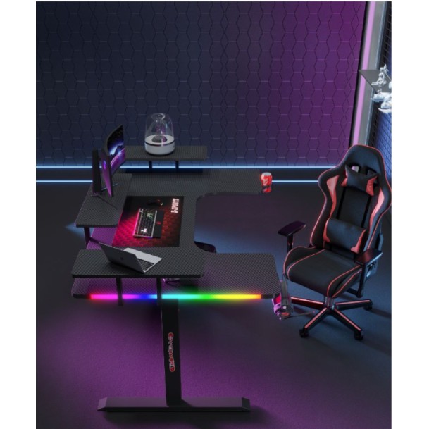 Γραφείο Gaming με φωτισμό RGB, υφή ανθρακονήματος και μεταλλικό σκελετό Μαύρο 160x(60-100)x74cm P203