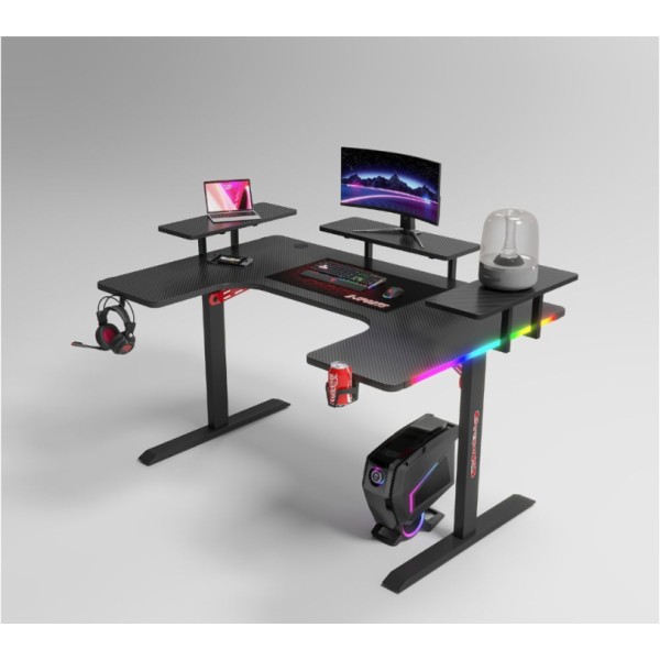 Γραφείο Gaming με φωτισμό RGB, υφή ανθρακονήματος και μεταλλικό σκελετό Μαύρο 160x(60-100)x74cm P203
