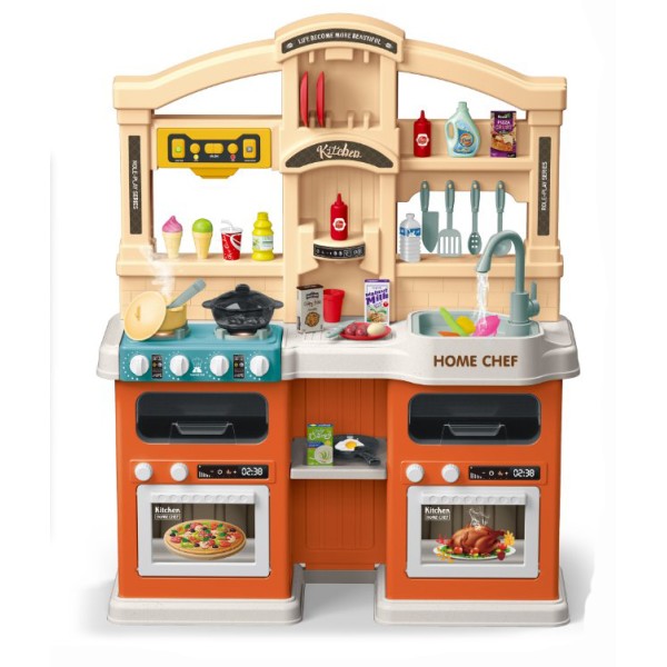 Πλαστική παιδική κουζίνα παιδικό παιχνίδι μίμησης 77 τεμαχίων με αξεσουάρ, ήχο, φως και βρύση με νερό σε πορτοκαλί