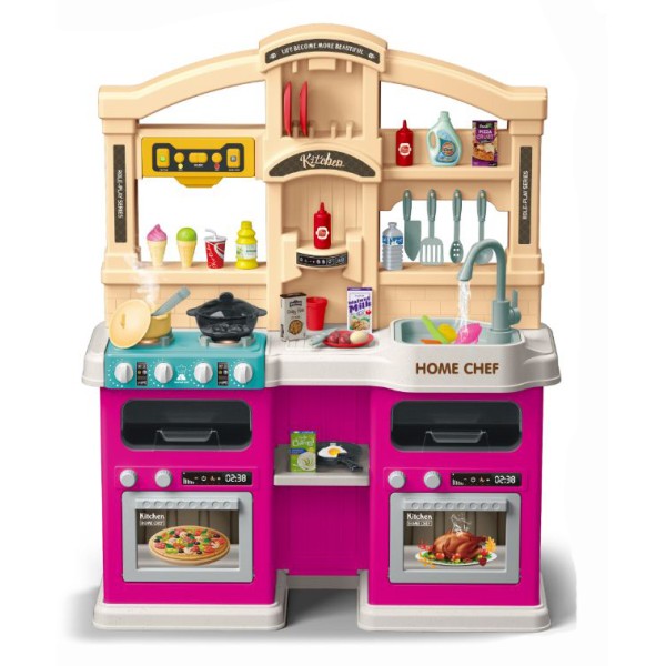 Πλαστική παιδική κουζίνα παιδικό παιχνίδι μίμησης 77 τεμαχίων με αξεσουάρ, ήχο, φως και βρύση με νερό σε ροζ