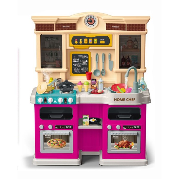 Πλαστική παιδική κουζίνα παιδικό παιχνίδι μίμησης 85 τεμαχίων με αξεσουάρ, ήχο, φως και βρύση με νερό σε ροζ