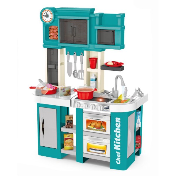 Πλαστική παιδική κουζίνα παιδικό παιχνίδι μίμησης 60 τεμαχίων με αξεσουάρ, ήχο, φως και βρύση με νερό σε μπλε