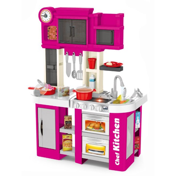 Πλαστική παιδική κουζίνα παιδικό παιχνίδι μίμησης 60 τεμαχίων με αξεσουάρ, ήχο, φως και βρύση με νερό σε ροζ