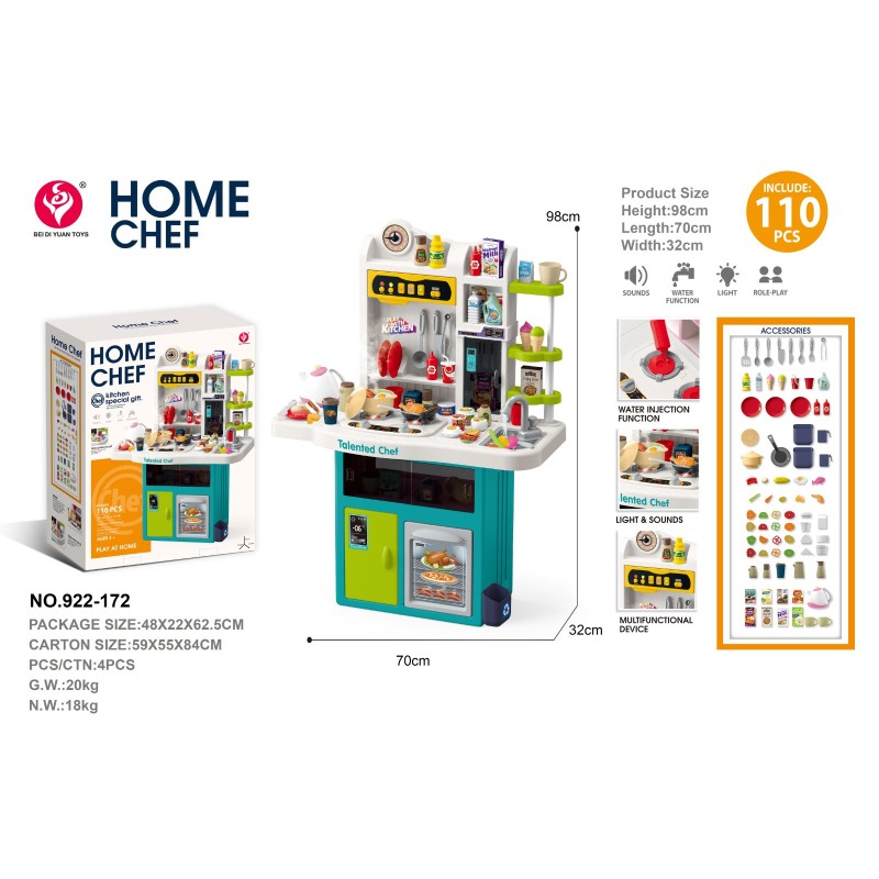 Kid educational game plastic kitchen 110 pieces with accessories sounds water function spary and lights Kid educational game plastic kitchen 110 pieces with accessories sounds water function spary and lights