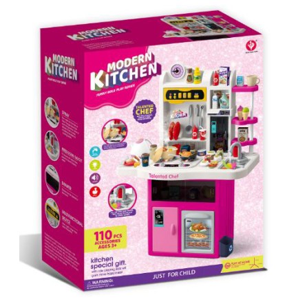 Πλαστική παιδική κουζίνα παιδικό παιχνίδι μίμησης 110 τεμαχίων με αξεσουάρ, ήχο, φως και βρύση με νερό σε ροζ