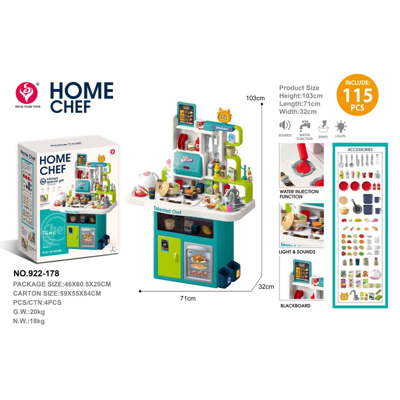 Kid educational game plastic kitchen 115 pieces with accessories sounds water function spary and lights Kid educational game plastic kitchen 115 pieces with accessories sounds water function spary and lights