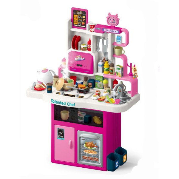 Πλαστική παιδική κουζίνα παιδικό παιχνίδι μίμησης 115 τεμαχίων με αξεσουάρ, ήχο, φως και βρύση με νερό σε ροζ