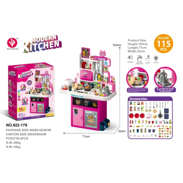 Kid educational game plastic kitchen 115 pieces with accessories sounds water function spary and lights in pink color