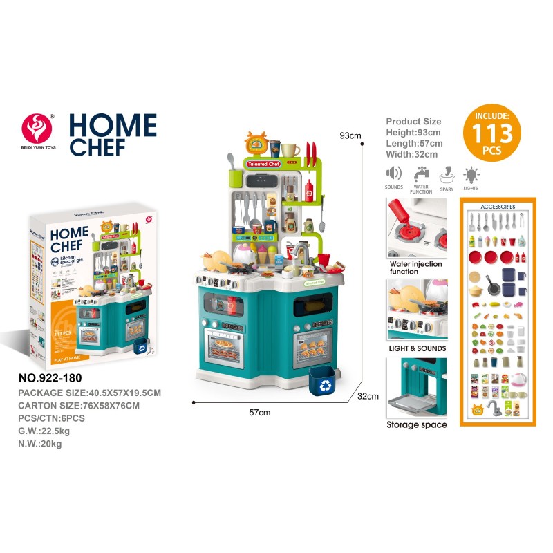 Kid educational game plastic kitchen 113 pieces with accessories sounds water function spary and lights Kid educational game plastic kitchen 113 pieces with accessories sounds water function spary and lights
