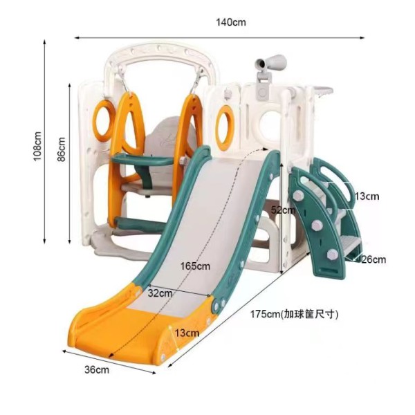 Πλαστική παιδική χαρά κούνια τσουλήθρα μπασκέτα χώρο αποθήκευσης και τηλεσκόπιο σε Πράσινο