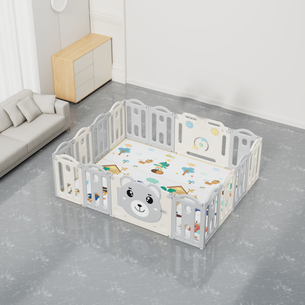 Πλαστικός παιδικός αναδιπλούμενος φράχτης Αρκουδάκι 148x148x62cm σε λευκό γκρι