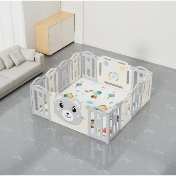 Πλαστικός παιδικός αναδιπλούμενος φράχτης Αρκουδάκι 185x185x62cm σε λευκό γκρι