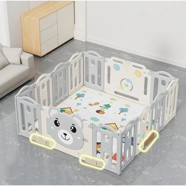 Πλαστικός παιδικός αναδιπλούμενος φράχτης Αρκουδάκι 148x115x62cm γκρι