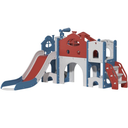 Πλαστική παιδική χαρά με τσουλήθρα μπασκέτα αποθηκευτικό χώρο τούνελ και τηλεσκόπιο σε μπλε κοκκινο γκρι