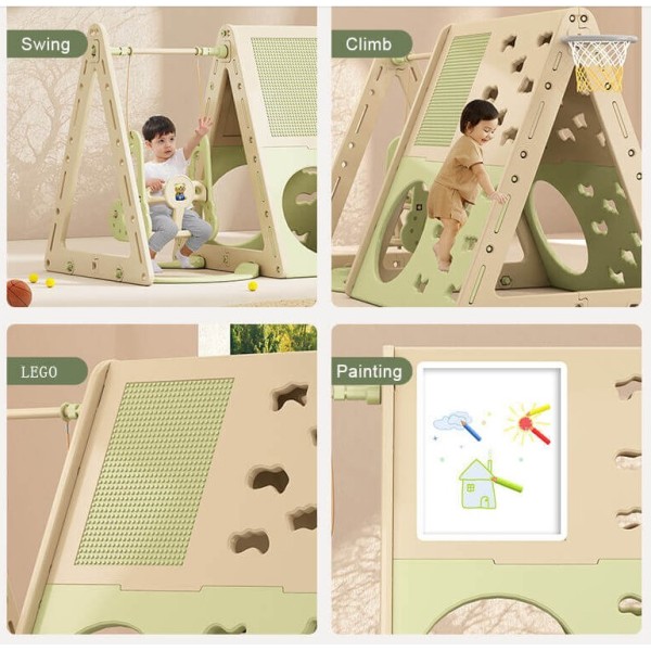 Πλαστική παιδική χαρά κούνια με αναρρήχηση σπιτάκι πίνακα ζωγραφικής τραπέζι με τουβλάκια μπασκέτα και μουσική