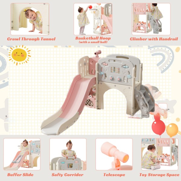 Πλαστική παιδική τσουλήθρα Ωκεανός με τηλεσκόπιο μπασκέτα τούνελ και πάνελ παιχνιδιού σε ροζ