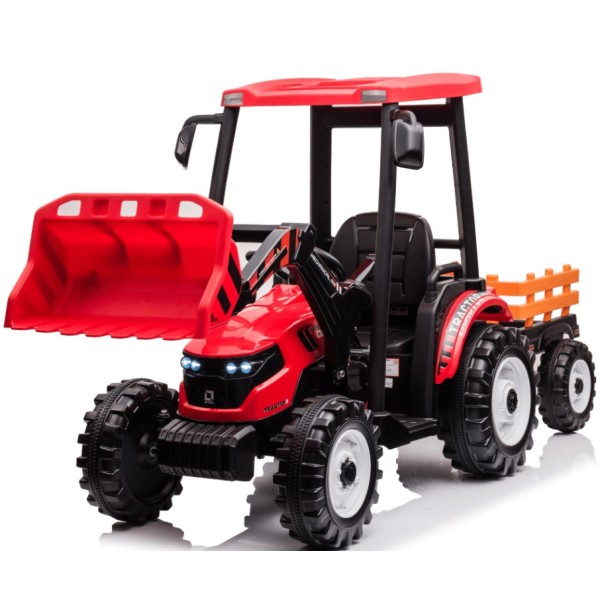 Ηλεκτροκίνητο παιδικό τρακτέρ 24v με οροφή τρέιλερ και χειροκίνητο εκσκαφέα σε κόκκινο