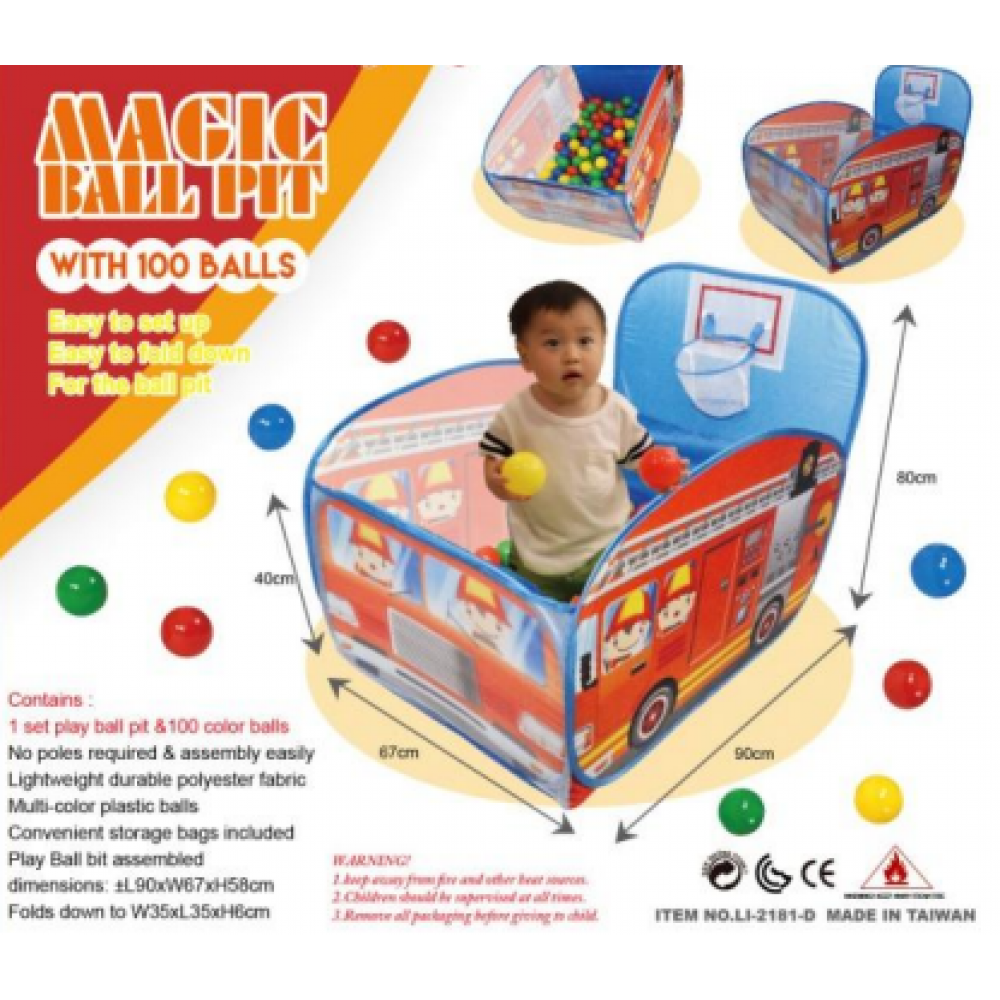 Παιδικός Παιδότοπος Παιχνιδιού Magic Fire Truck Ball pit 2 σε 1 με 100 μπαλάκια 