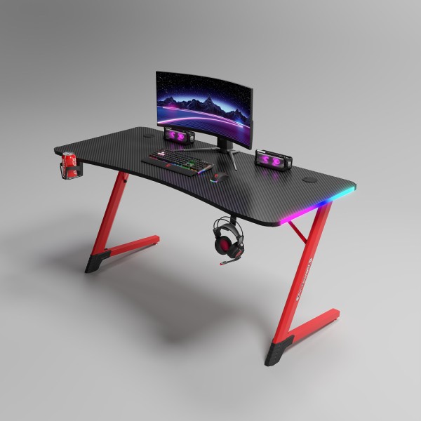 Γραφείο Gaming με φωτισμό RGB υφή ανθρακονήματος και μεταλλικό σκελετό Μαύρο - Κόκκινο 120x60x75cm