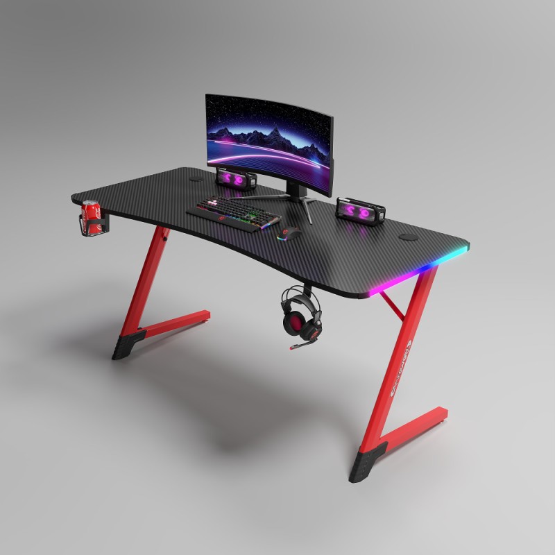 Γραφείο Gaming με φωτισμό RGB υφή ανθρακονήματος και μεταλλικό σκελετό Μαύρο - Κόκκινο 120x60x75cm