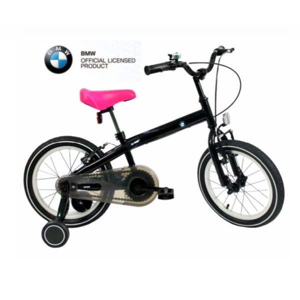 Παιδικό ποδήλατο Licensed BMW 14 ίντσες με μεταλλικό σκελετό και βοηθητικές ρόδες σε μαύρο χρώμα με ροζ σέλα