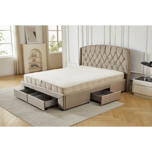Διπλό Κρεβάτι Monaco Velvet 160x200c σε μπεζ χρώμα με αποθηκευτικό χώρο